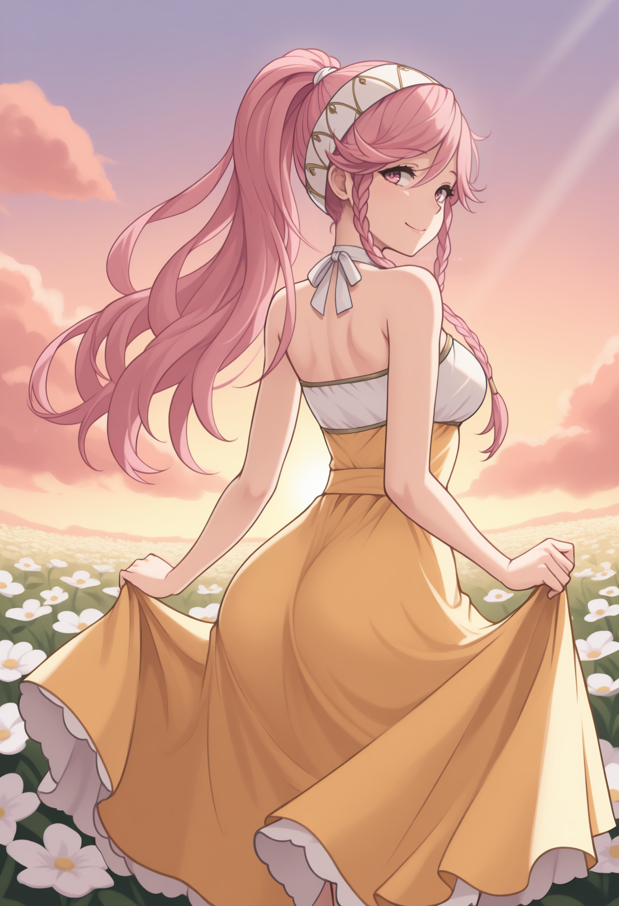 masterpiece, best quality, from behind, solo, 1girl, oliv1a, smile, looking back, skirt hold, long hair, pink hair, side braid, twin braids, ponytail, white hairband, pink eyes, yellow sundress, bare shoulders, outdoors, sunset, cloud, flower field, sunlight
<segment:yolo-face_yolov8m.pt,0.4,0.5//cid=1>
