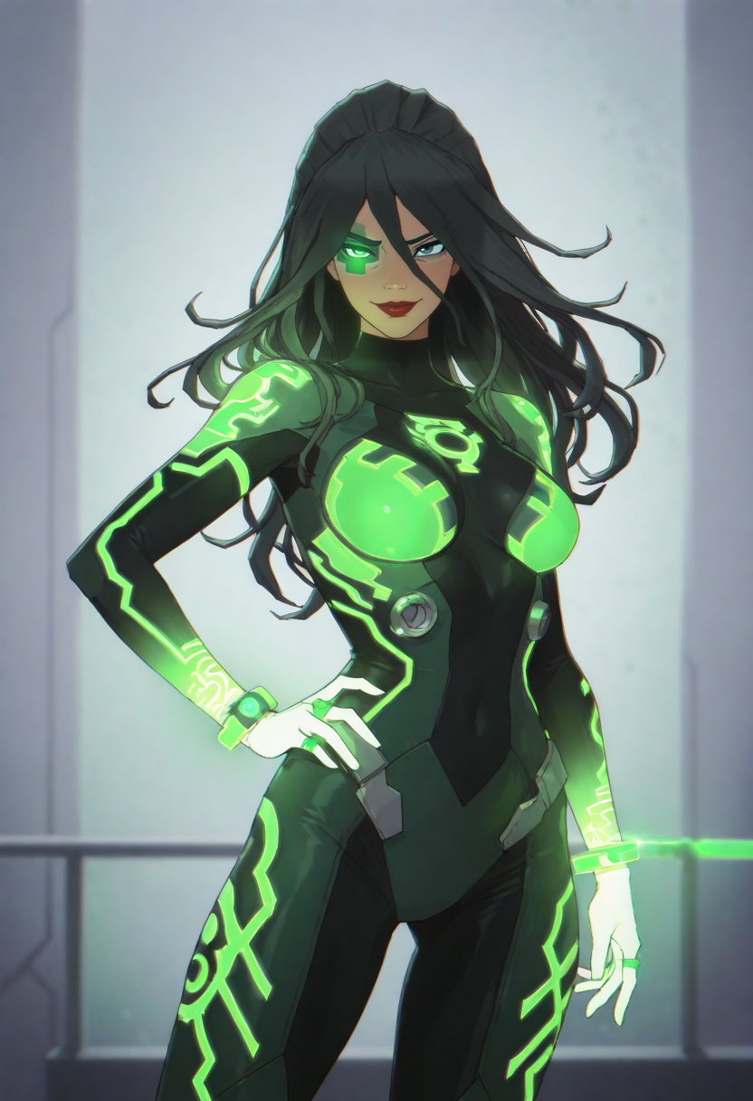 Zeshika_The_Emerald_RAY, 1girl,   solo, long hair, breasts, black hair, medium breasts, hand on hip, bodysuit, glowing, animification, power ring, red lips, green glowing tattoo, smirk, 
 <lora:Zeshika-The-Emerald-RAY-IL:1>