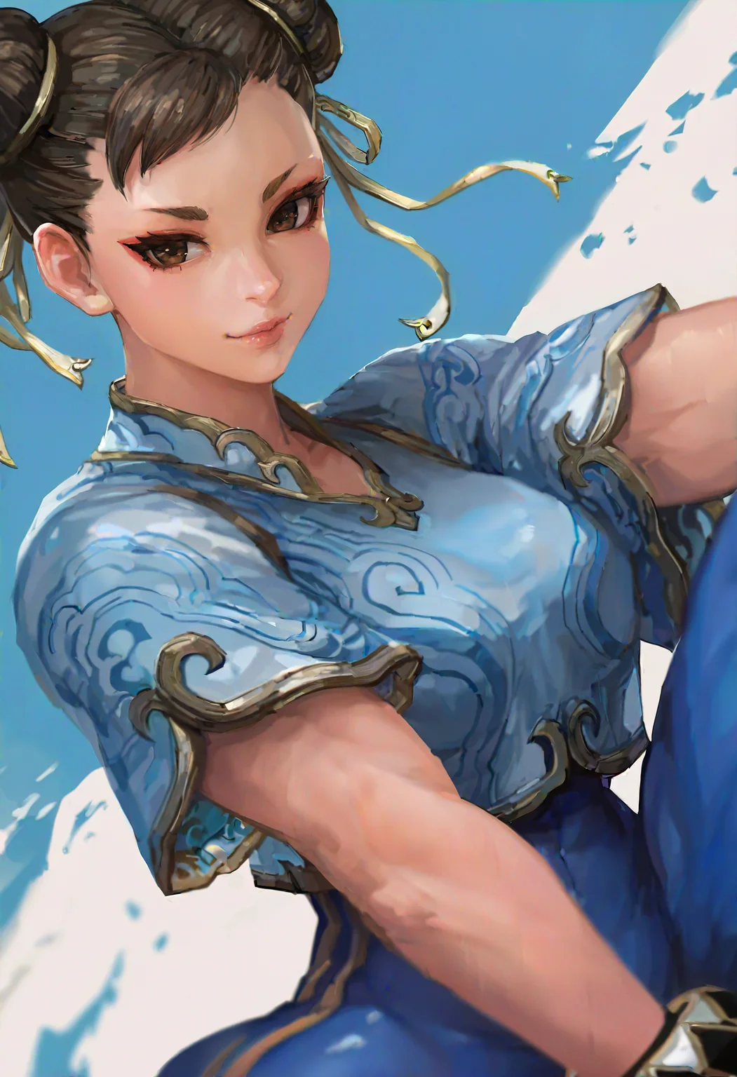 1girl, solo, chun-li, pants, skin tight, depth of field, dutch angle, chinese clothes, blue background, short sleeves, looking at viewer, light smile,
masterpiece, best quality, <lora:miche-guy90-Illust-Lycorisv1:1>, miccceh