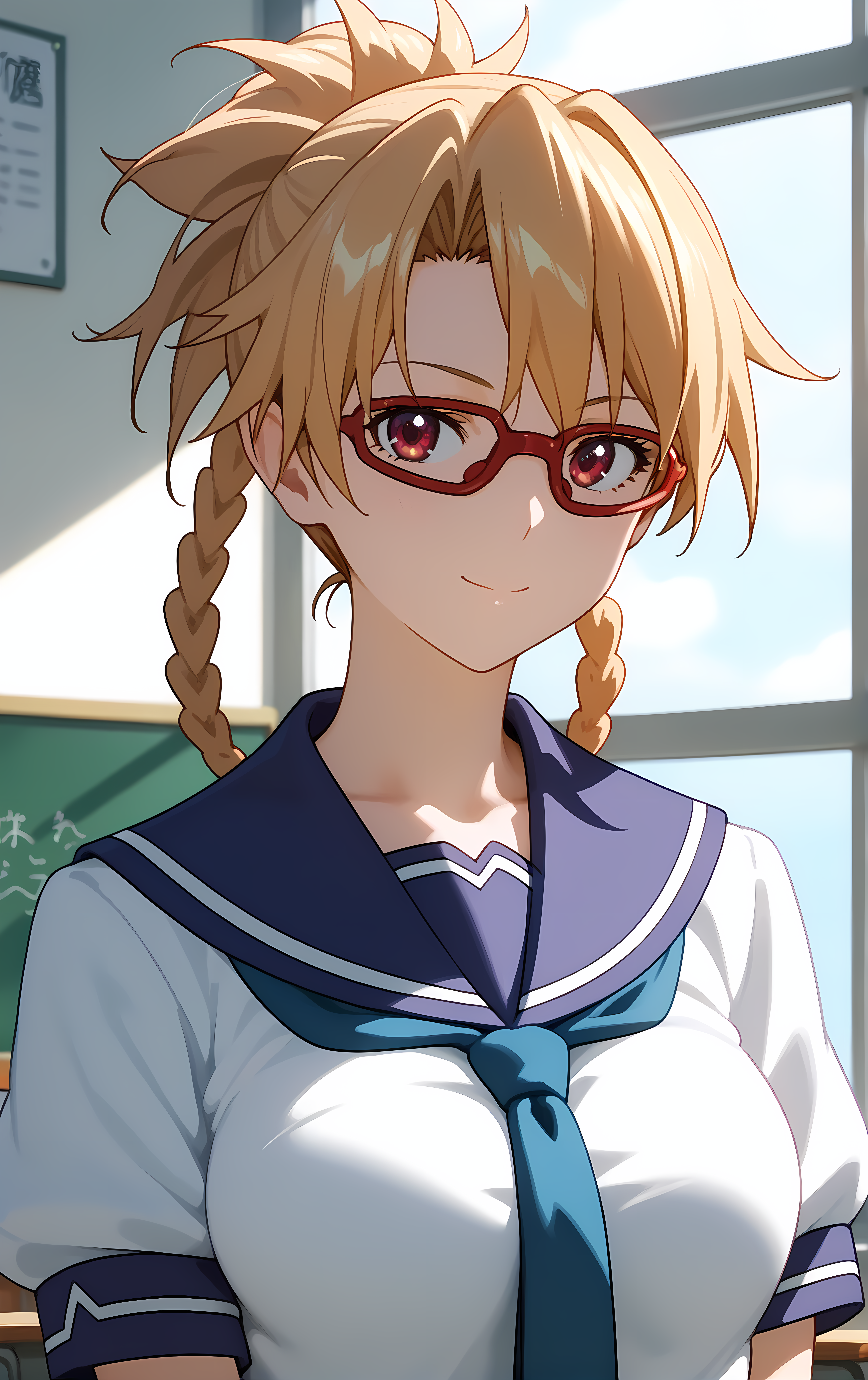 (score_9, score_8_up, score_7_up), standing, looking at viewer, closed mouth, light smile, tight clothes, close-up,
ohwx, 1girl, solo, school_uniform, glasses, braid, breasts, skirt, blonde_hair, red-framed_eyewear, pleated_skirt, large_breasts, serafuku, long_hair, blue_skirt, necktie, ponytail, sailor_collar,
 <lora:furan_takaki_pony_ss:1>
window, sunlight, classroom,