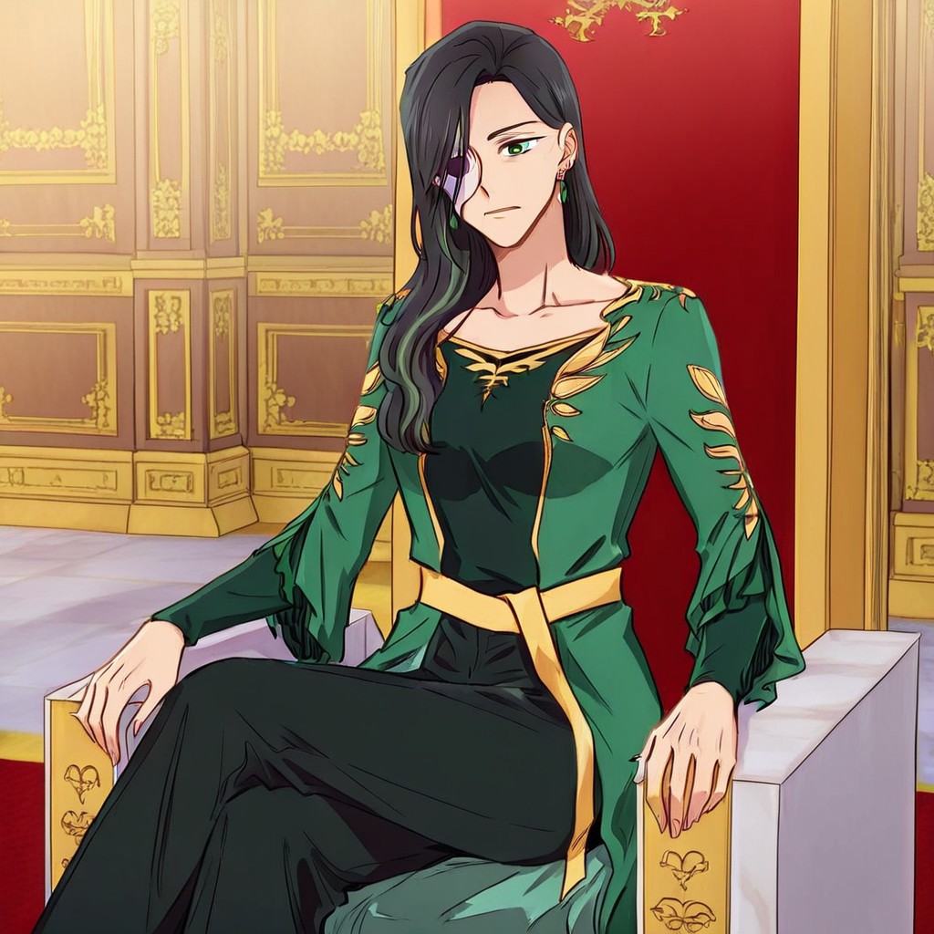 solo, 1girl, long sleeves, green eyes, green dress, black pants, earrings, breast, sitting, throne room, sitting on throne, Acelabenkan, black hair, eyepatch,