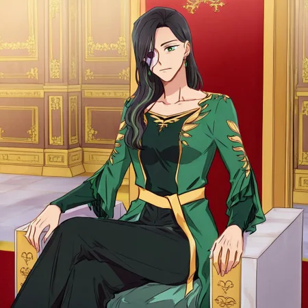 solo, 1girl, long sleeves, green eyes, green dress, black pants, earrings, breast, sitting, throne room, sitting on throne, Acelabenkan, black hair, eyepatch,
