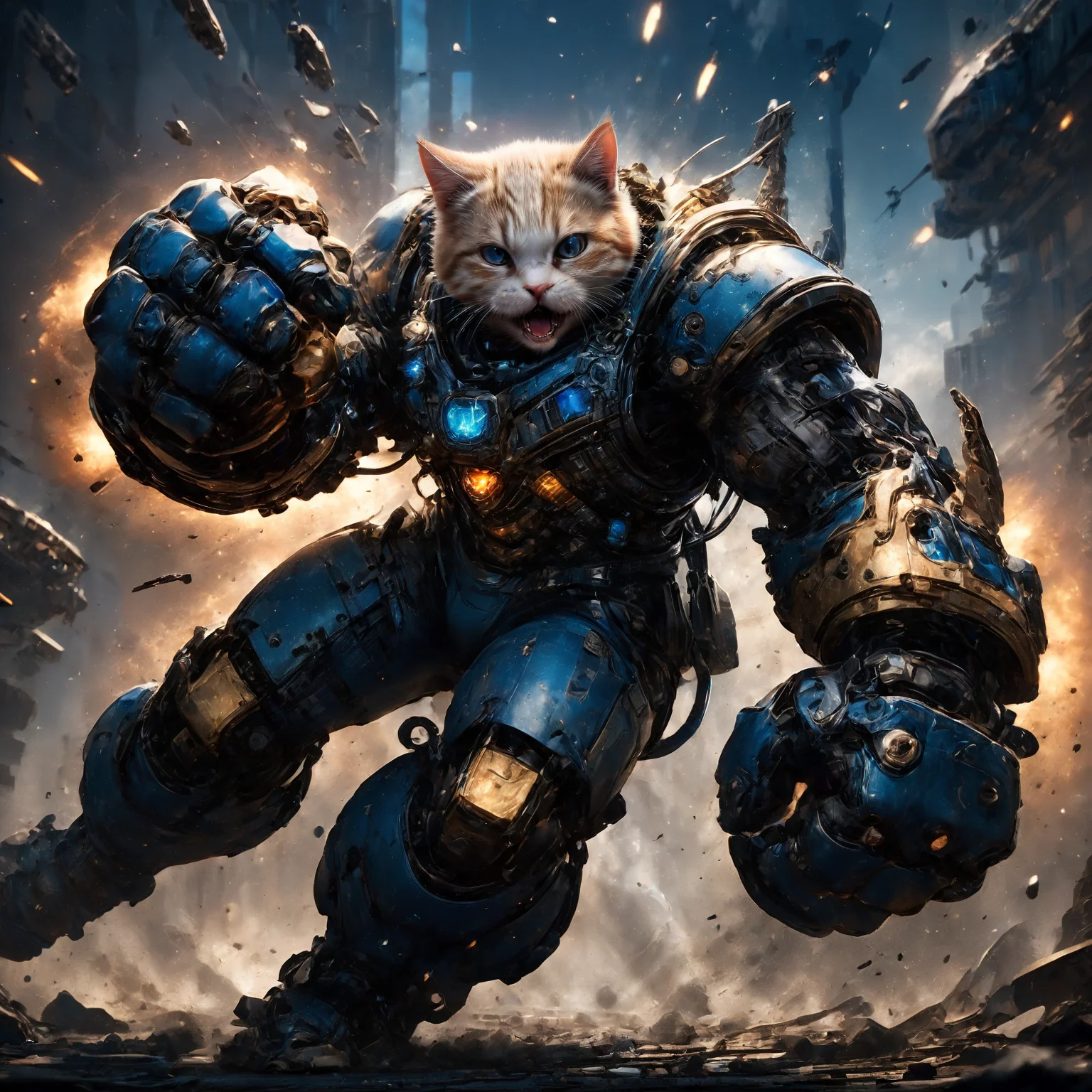 amazing quality, masterpiece, best quality, hyper detailed, ultra detailed, UHD, HDR, DOF, depth of field, sci-fi,
cat, (blue hybrid gold:1.2) giant mechanical arms, fighting stance, hand up,( opened mouth, angry:1.2), spacecraft in background,( punching:1.3),
glowing, shine, dazzling, (explosion:1.2) in background, outstretched arm, outstretched hand, (night:1.2),
<lora:cfc-giant-mechanical-arms:0.8>,
<lora:ral-vlntxplzn-sdxl:0.5>, ral-vlntxplzn,
<lora:EnvyActionShotXL01:0.75>, action shot,
<lora:add-detail-xl:0.7>,
<lora:EnvyBetterHiresFixXL01:1.0>,
<lora:extremely_detailed:0.7>, extremely detailed,