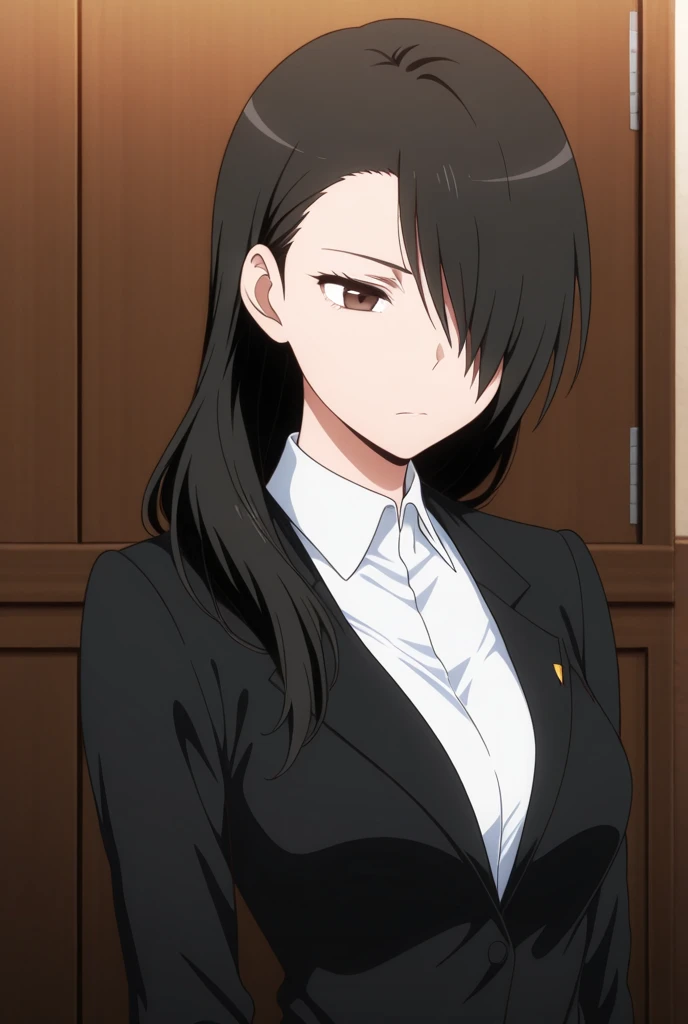 masterpiece, best quality, amazing quality,1girl, solo, BREAK 
,hond4niseko1,black hair,long hair, hair over one eye, brown eyes, formal suit, white shirt, BREAK
 ,indoors,stripping