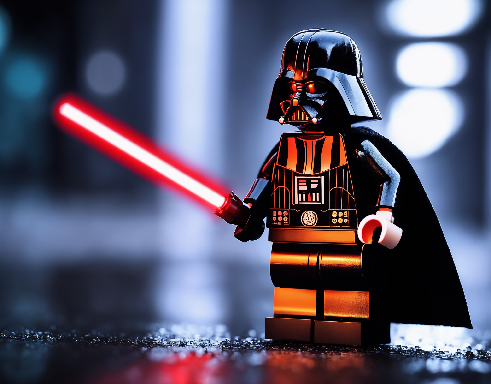 lego, darth vader, red lightsaber, rain, dark atmosphere, (masterpiece), (realistic), sharp focus, dramatic, award winning, cinematic lighting, RAW photo, (film grain), wallpaper, ray tracing, 8k