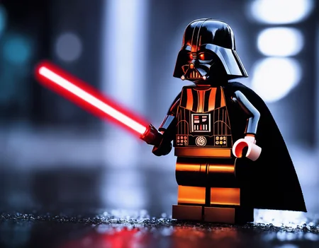 lego, darth vader, red lightsaber, rain, dark atmosphere, (masterpiece), (realistic), sharp focus, dramatic, award winning, cinematic lighting, RAW photo, (film grain), wallpaper, ray tracing, 8k