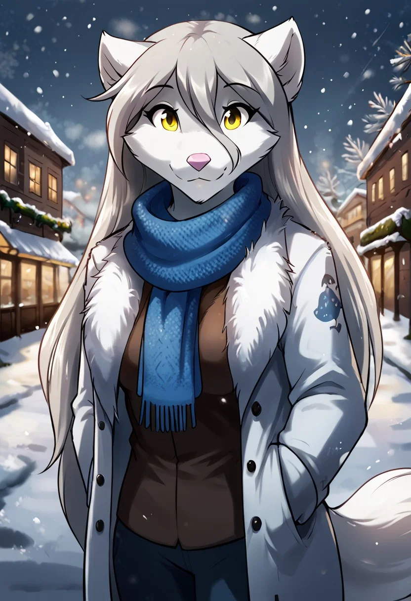score_9, score_8_up, score_7_up,score_6_up,score_5_up, source_furry
BREAK
solo, furry female anthro, long hair, medium breasts, (cute smile, looking at viewer), mink fur coat, winter pants, blue scarf, (outdoors, standing, winter, winter park, snowfall), upper body shot
BREAK
<lora:Raine-Twokinds-SDXL-AnonTK-V1:1>, raine-twokinds, keidran, mammal, wolf tail, yellow eyes, <lora:p:0.35>
