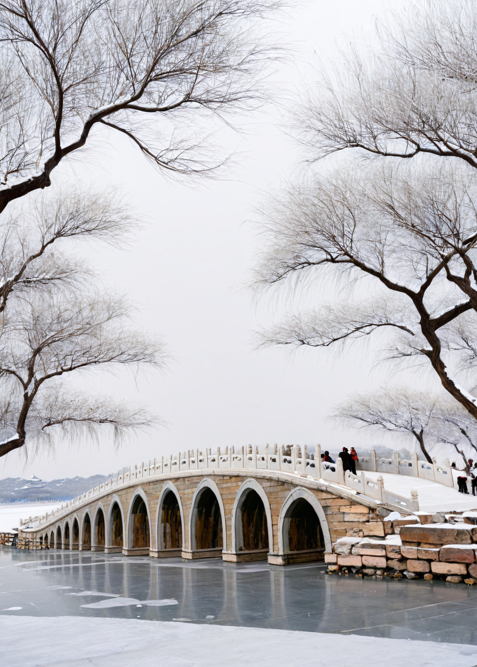 <lora:é¢åå­:1>,The Summer Palace, scenery, no humans, architecture, east asian architecture, tree, outdoors, snow, sky, building, very wide shot, bridge, watercraft, day, monochrome, winter, masterpiece, best quality,