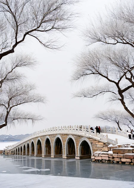 <lora:é¢åå­:1>,The Summer Palace, scenery, no humans, architecture, east asian architecture, tree, outdoors, snow, sky, building, very wide shot, bridge, watercraft, day, monochrome, winter, masterpiece, best quality,