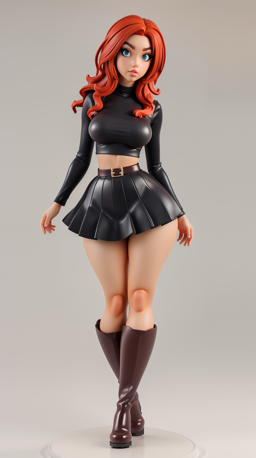 <lora:Sexy-Scottish:1> straight red hair, aqua eyes, just face, as  pvc figure, black top, red frilled skirt, brown boots, looking at viewer, perfect hands, big breast, wide hips, thick thighs, ultra realistic digital art, a 3D render, photorealism, clean scene, white background, circular base, <lora:p3r3zstyle_v3:0.4>  <lora:P2p0:0.4> <lora:Sexy-Figures:1>