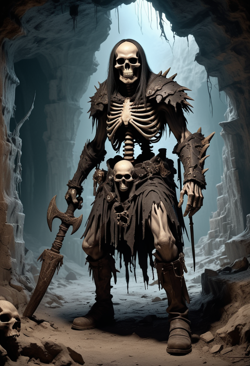 (medium full shot) of (spectral skeleton)  berserker, wearing Bone necklace, decayed kilt, tattered boots, leather gauntlets, holding wielding spiked club, set in the cursed lands, in  a mystical skeletal cave, bathed in a faint, ghostly light, with walls that seem to hold ancient secrets and forgotten tales  , at dusk, ,Masterpiece,best quality, raw photo, realistic, very aesthetic