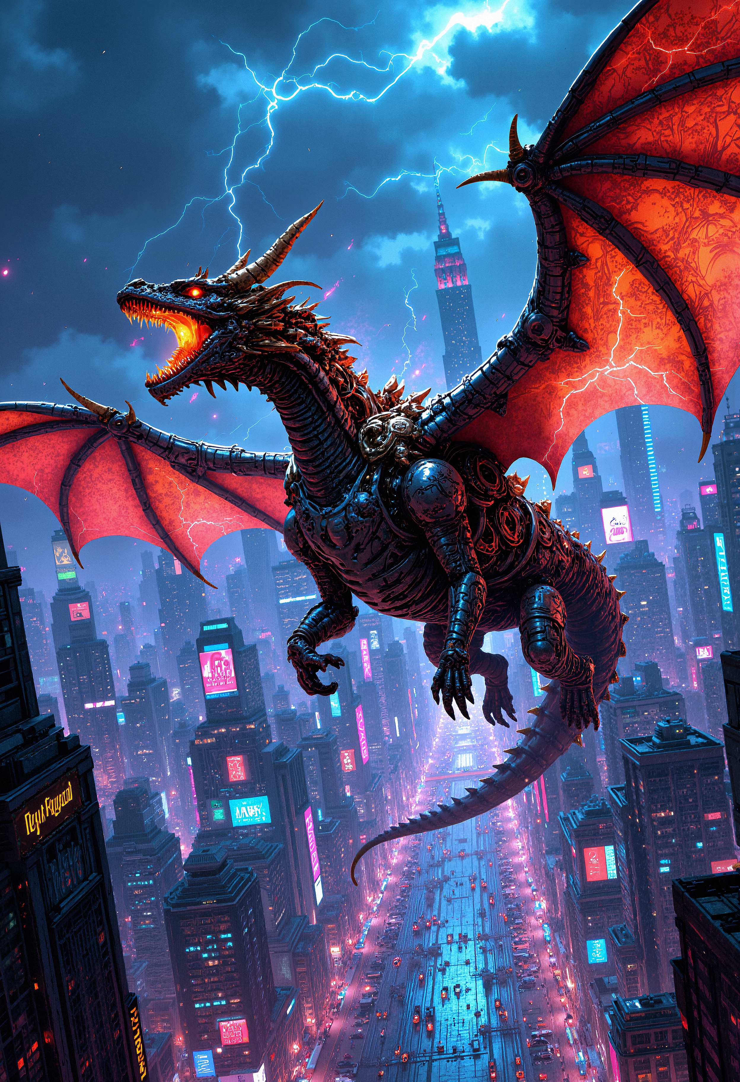 A colossal clockwork dragon soaring through a neon-lit cyberpunk cityscape. Its wings are made of gleaming metal gears, constantly shifting and turning as it flies. The city below is a sprawling maze of towering skyscrapers, with vibrant holographic advertisements and streams of flying cars weaving through the streets. The dragonâs eyes glow with an intense blue light, and trails of electric sparks follow its every movement. The atmosphere is a chaotic blend of futuristic technology and ancient myth, with a dark, stormy sky above, crackling with lightning.   <lora:FluxMythP0rtr4itStyle:0.8> MythP0rt,  <lora:aidmaImageUpgrader-FLUX-V0.1:0.33> detailmaximizer,