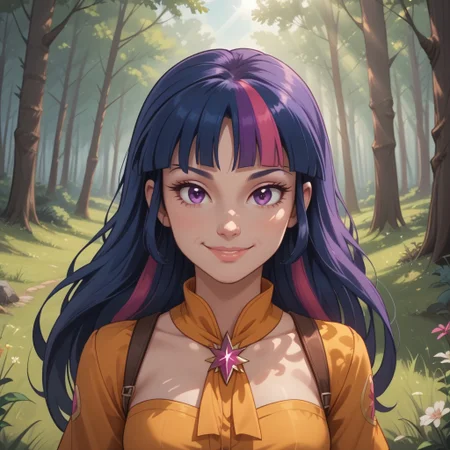 score_9, score_8, BREAK, solo, princess twilight sparkle, dark sapphire blue with moderate purple and brilliant raspberry streaks, purple eyes, pale, light grayish orchid skin, Equestria girls, g4, adult female, mature female, breasts, sexy pose, self portrait, smile, outdoors, sunlight, shadows, evening lighting, natural lighting, forest, trees, grass, orange sky, sunset