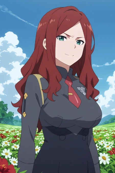 nana,1girl,solo,long hair,uniform,military_uniform,brown hair,necktie,breasts,large breasts,mature,smile,standing,smirk BREAK outdoors,blue sky,cloudy_sky,red flower,flower field,tree <lora:Nana_-_Darling_in_the_franxx.safetensors:0.8> <lora:detailed_backgrounds_v2.safetensors:0.5>