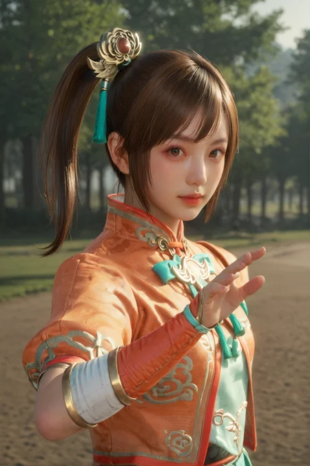 score_9, score_8_up, score_7_up, masterpiece, dynamic pose, <lora:Xiaoqiao_Dynasty_Warriors:0.8> 1girl, solo, brown hair, side ponytail, brown eyes, chinese clothes, hair ornament, outdoors, half body shot, looking at viewer