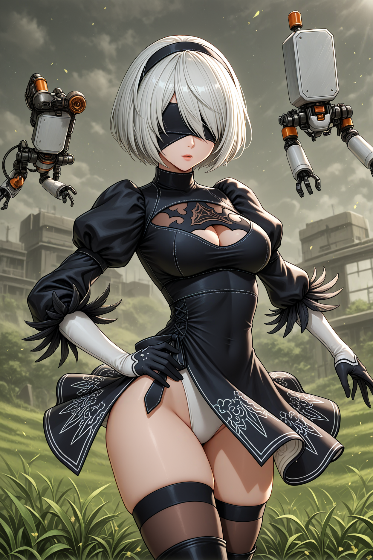 1girl, 2b \(nier:automata\), cowboy shot, dynamic pose, hand on own hip, pod, grassy field, masterpiece, best quality