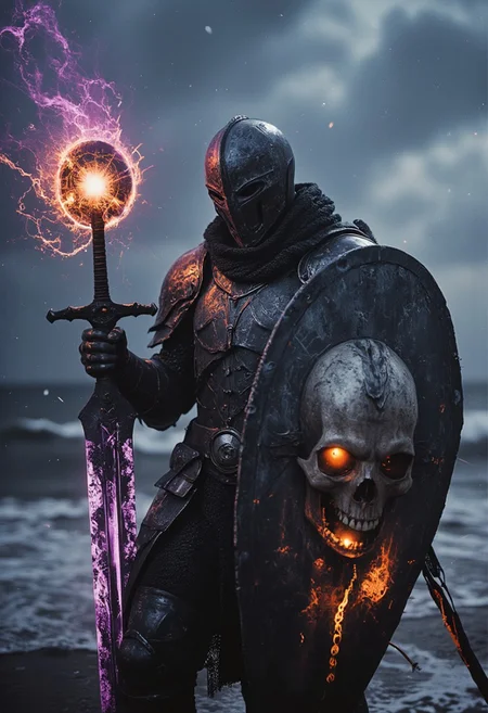 Upper body shot of a dark, menacing mechanical hkstyle knight in the heat of an intense, action-packed battle, captured with the gritty realism of an old analog camera. The hkstyle knight's intricately designed, battle-worn helmet reflects the eerie glow of his weapon—a massive, twisted sword. The blade crackles with dark energy, gathering ominously at its tip, where a glowing orb of dark purple and translucent Amber light pulses with immense, destructive power. The energy radiates along the length of the blade, casting a sinister glow that illuminates the knight’s helmet and armor, creating stark contrasts between light and deep shadows.
In his other hand, the knight wields a terrifying shield, adorned with jagged, twisted patterns and a ghastly visage that seems to stare into the souls of his enemies. The shield emanates a sense of foreboding, as if cursed by dark magic, adding to the overall terror of his presence. The glow from the sword throws the intricate details of the shield into sharp relief, casting long shadows that flicker across the chaotic ocean battlefield amidst Large Crystal blue waves,