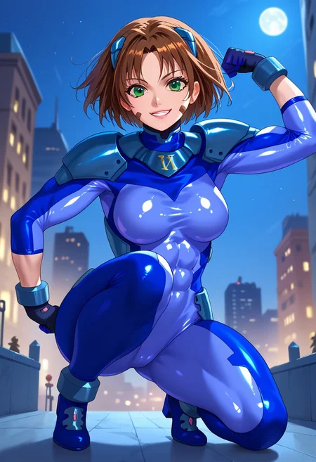 score_9, score_8_up, score_7_up, source_anime, BREAK, 1girl, solo, nanohanumbersuit, blue bodysuit, armored bodysuit, headgear, (facial mark:1.2), pauldrons, wrist guards, hip armor, ankle guards, shiny clothes, high heels, brown hair, green eyes, looking at viewer, muscular, flexing, smile, confident, outdoors, city, night,