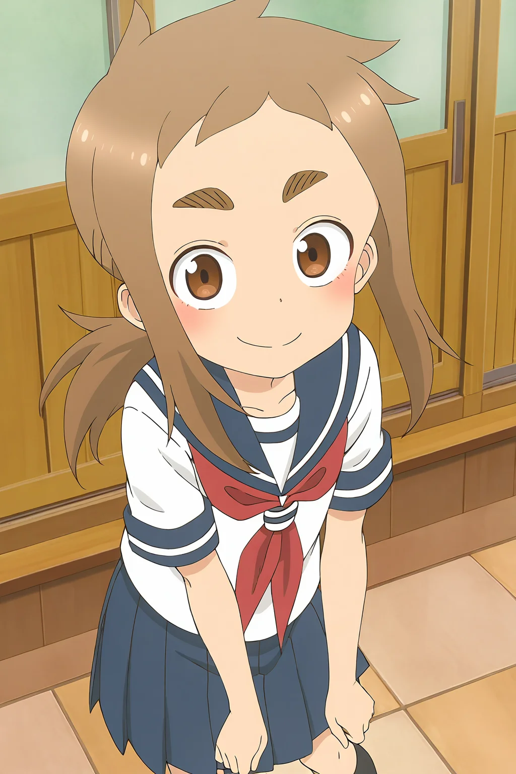 masterpiece,best quality,good quality,rating safe,, <lora:hibino_mina-ill_narcissu:1>,mina, hibino_mina, karakai jouzu no takagi-san,1girl, solo, , brown hair, brown eyes, thick eyebrows, long hair, ponytail, serafuku, red neckerchief, blue sailor collar, short sleeves, white shirt,blue skirt,black socks,anime screencap,standing,smile,looking at viewer,blush,upper body