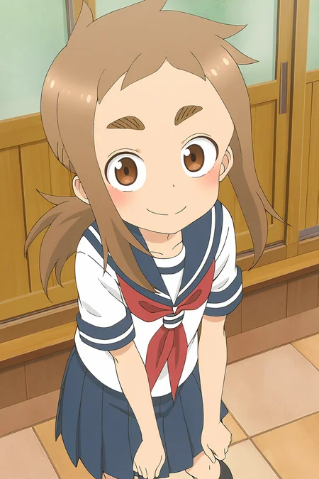 masterpiece,best quality,good quality,rating safe,, <lora:hibino_mina-ill_narcissu:1>,mina, hibino_mina, karakai jouzu no takagi-san,1girl, solo, , brown hair, brown eyes, thick eyebrows, long hair, ponytail, serafuku, red neckerchief, blue sailor collar, short sleeves, white shirt,blue skirt,black socks,anime screencap,standing,smile,looking at viewer,blush,upper body