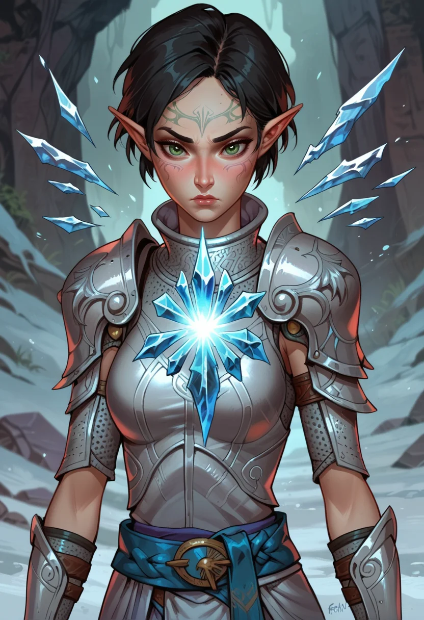 score_9, score_8_up, score_7_up, 1girl, solo, SulfS-M3rr1LL, pointy ears, face tattoo, facial mark, short hair, black hair, green eyes,
AltM3rr1LL, silver armor, silver shoulder pads, bracers, fingerless gloves, short armored skirt, blue belt,
upper body, detailed background, ice magic, casting spell, action pose, dynamic pose, serious face, aura, blizzard, snow,
<lora:Merrill_Dragon_age_2-000008:0.8>, <lora:Fant5yP0ny:1>