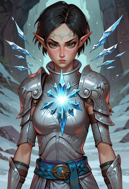 score_9, score_8_up, score_7_up, 1girl, solo, SulfS-M3rr1LL, pointy ears, face tattoo, facial mark, short hair, black hair, green eyes,
AltM3rr1LL, silver armor, silver shoulder pads, bracers, fingerless gloves, short armored skirt, blue belt,
upper body, detailed background, ice magic, casting spell, action pose, dynamic pose, serious face, aura, blizzard, snow,
<lora:Merrill_Dragon_age_2-000008:0.8>, <lora:Fant5yP0ny:1>