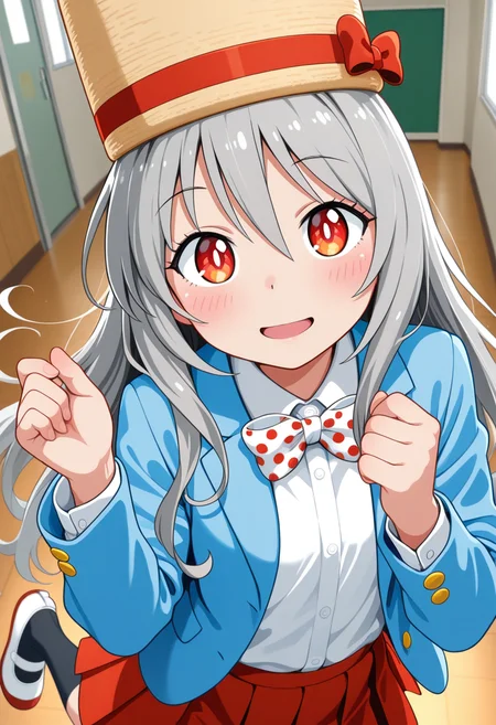 umami-chan, long hair, grey hair, red eyes, hat,
white bowtie, polka dot, blue jacket, jacket, mary janes, long sleeves, red skirt, pleated skirt, black kneehighs, white footwear, uwabaki,
 <lora:umami-chan_Illustrious-XL-2.0_v1:1>, masterpiece,best quality,amazing quality, solo,1girl,, standing, (dynamic pose) , blush,open mouth,light smile, 
looking at viewer,(upper body, close-up),cowboy shot, upper body, 
(indoors, )