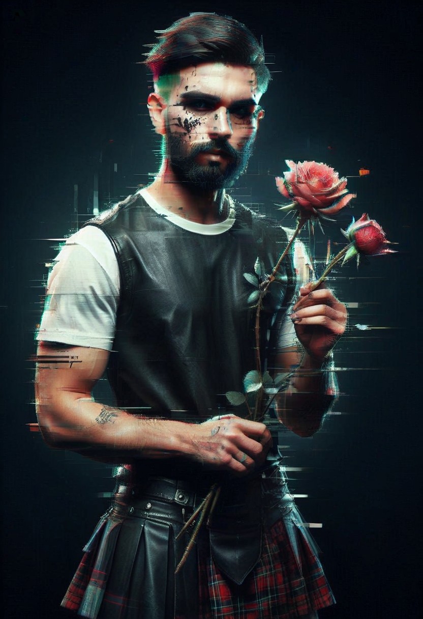 1man, detailed face, emo makeup, short hairs, bearded, muscular, leather shirt, scotish skirt, taratan, holding single rose flower, black rose, the  contur of the petals glow eerily white, dim light, intricate details, horror theme, cementary, detailed background,
BL4CK3STBL4CK, black_theme, matte_color, flat color,  glitch style