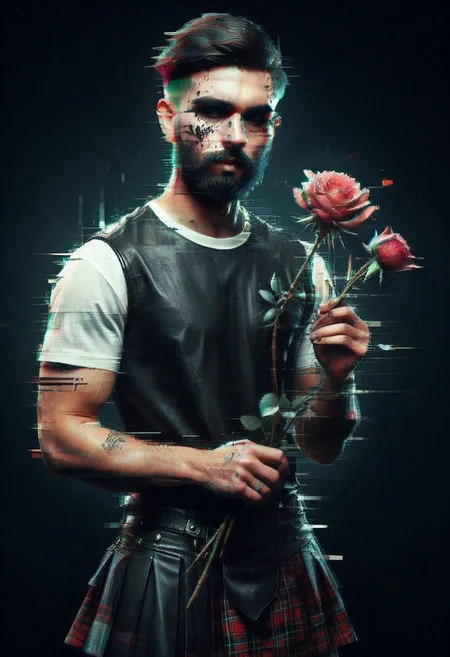 1man, detailed face, emo makeup, short hairs, bearded, muscular, leather shirt, scotish skirt, taratan, holding single rose flower, black rose, the contur of the petals glow eerily white, dim light, intricate details, horror theme, cementary, detailed background,
BL4CK3STBL4CK, black_theme, matte_color, flat color, glitch style