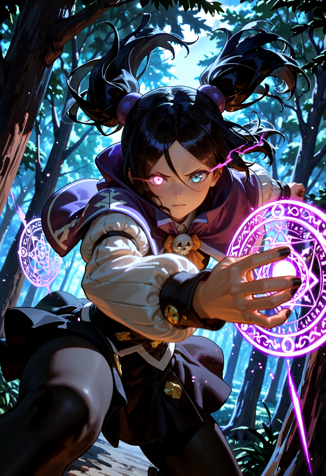 masterpiece, best quality, very aesthetic, newest, photo-referenced, dutch angle, dark, shadow, detailed clothing, detailed shading, photorealistic, dynamic pose, action pose, high angle, foreshortening, <lora:Detailer\Smooth_Booster_v2:0.5> BREAK toxico dannar, glowing eye, action pose, talking to viewer, purple capelet, black skirt, puffy sleeves, black pantyhose, black nail polish, low angle, looking at viewer, magic circle, thighs, forest, light particles, wind, <lora:Character\Toxico Dannarv4:0.7>