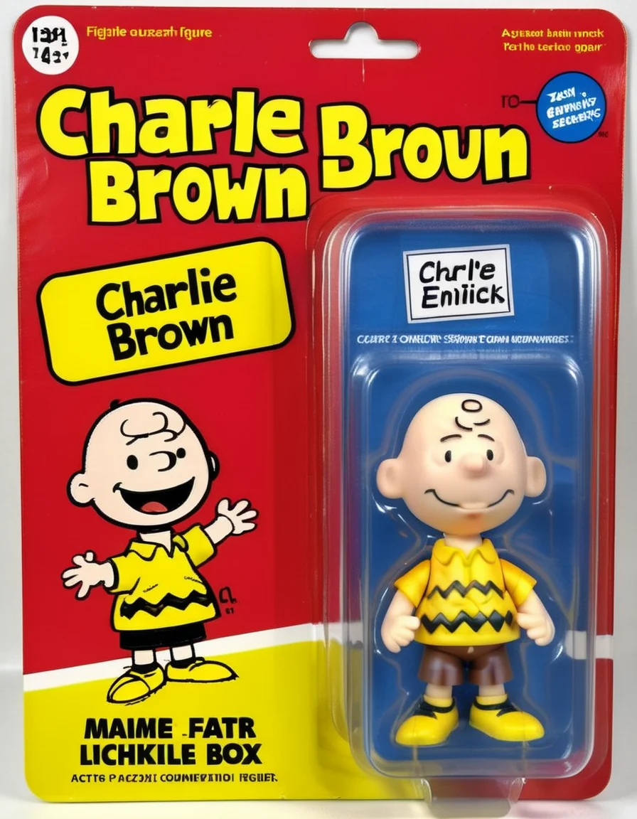 A Charlie Brown action figure, detailed and lifelike, enclosed in a plastic box. The figure features Charlie's recognizable yellow shirt with the zigzag pattern. The packaging background depicts scenes from the Peanuts comic, highlighting Charlie's endearing, albeit sometimes luckless, personality,<lora:gonza_v2:0.8>