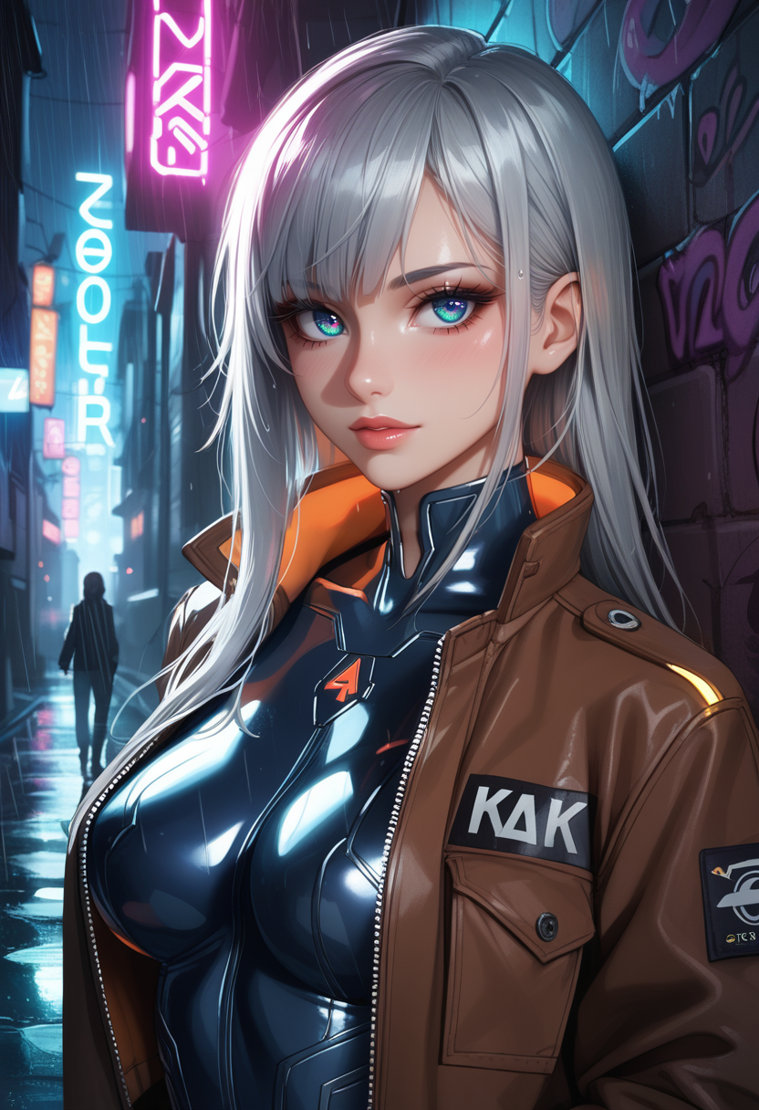score_9, score_8_up, score_7_up, source_anime, 
1girl, sk997cos_bodysuit, sk01 jacket, 
brown jacket,
silver hair,
long hair ,
  perfect eyes,
close up, portrait, neon lights, rain, depth of field, bokeh, dramatic lighting, rays of light, 
graffiti, dim lighting, alley, looking at viewer, dynamic pose, 
cyberpunk city,
 <lora:997sk cosplay PonyV3:0.8>
