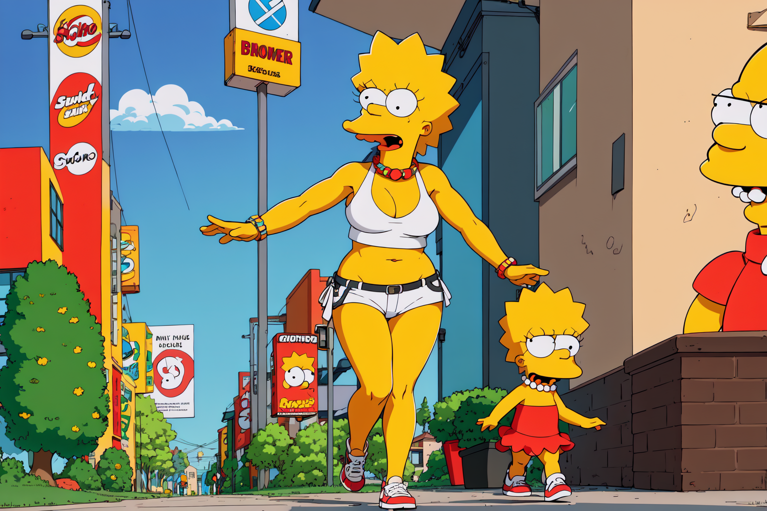 solo a woman with sexy body and outfit, blonde hair, walking in the sidewalk, EdobSimpsons  <lora:EdobSimpsons_v1.1:0.8>