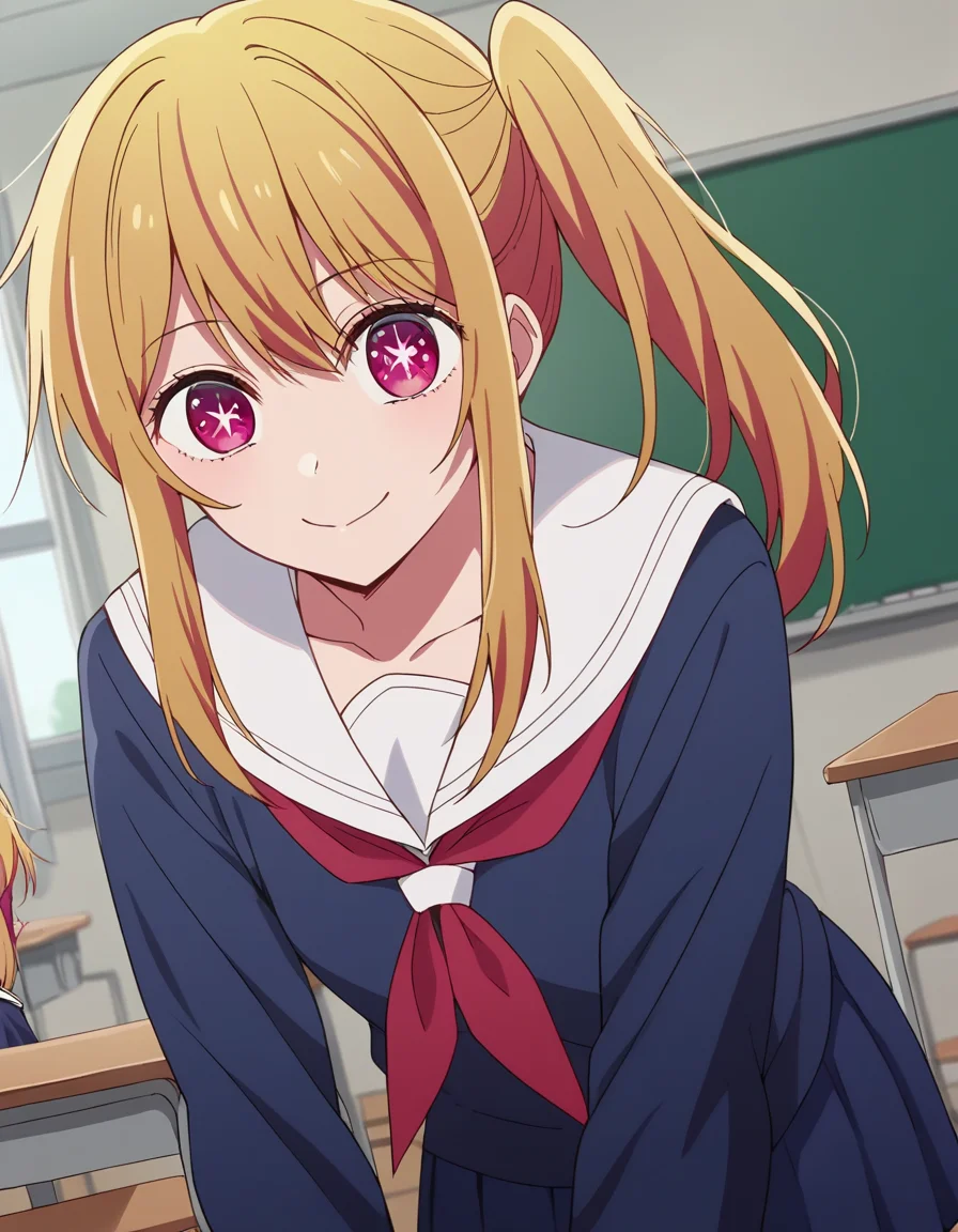 score_9, score_8_up, score_7_up, source_anime,
rubyhoshino, <lora:ruby-hoshino-s1-ponyxl-lora-nochekaiser:1>,
ruby hoshino, long hair, bangs, blonde hair, pink eyes, sidelocks, symbol-shaped pupils, multicolored hair, two-tone hair,
side ponytail, long sleeves, school uniform, serafuku, sailor collar, neckerchief, cardigan, red neckerchief, white sailor collar, skirt, blue skirt,
indoors, classroom, bent over, smile,
looking at viewer, cowboy shot, dutch angle, solo,
