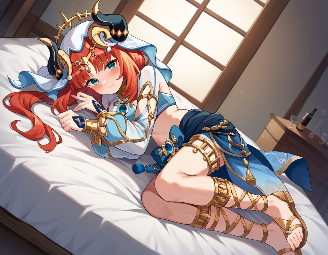 score_9, score_8_up, score_7_up, source_anime,
genshinnilou, <lora:genshin-nilou-ponyxl-lora-nochekaiser:1>
nilou, red hair, twintails, blue eyes, long hair, smile,
blue skirt, bracer, circlet, crop top, dancer, detached sleeves, fake horns, gladiator sandals, gold footwear, gold trim, horns, jewelry, long sleeves, neck ring, puffy long sleeves, puffy sleeves, sandals, skirt, thighlet, thighs, veil, white headwear, white sleeves, white veil,
indoors, bed, bed room, on side, blush, drunk,
looking at viewer, dutch angle, cowboy shot,