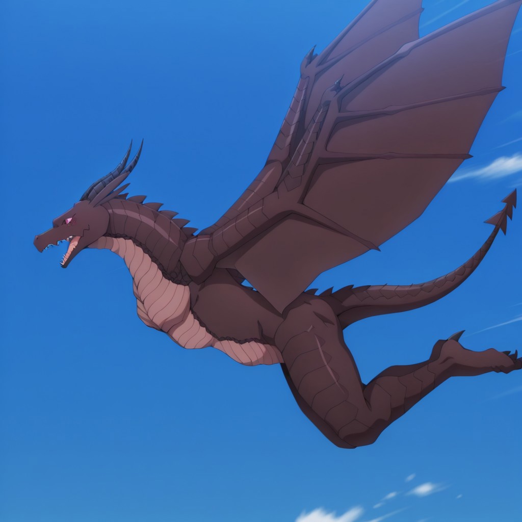 masterpiece, best quality, amazing quality, varneydrgnil, semi-anthro, male, wyvern, black scales, red eyes, pink sclera, winged arms, horns, flying, from side, open mouth