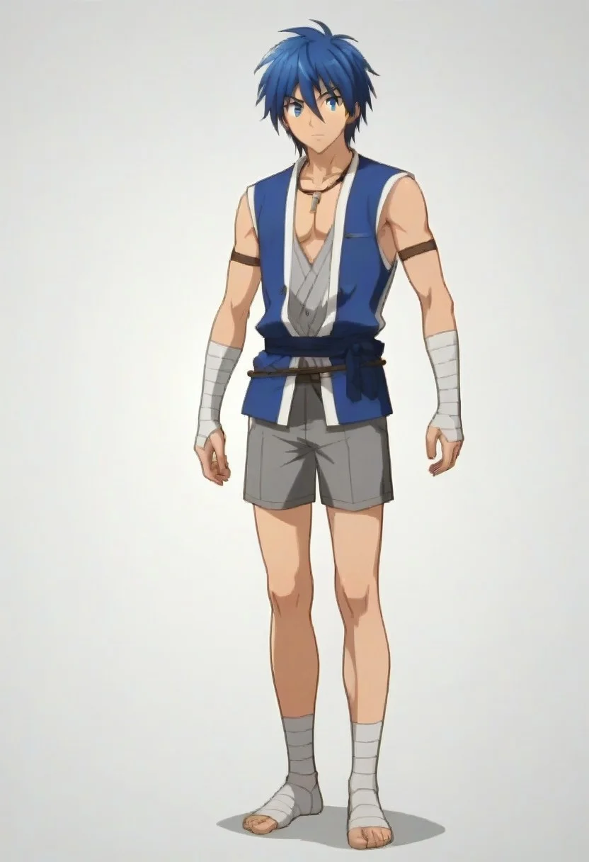 ((masterpiece)), ((best quality)), ((ultra-detailed)), ((absurdres)), score_9_up, score_8_up, score_7_up,
HD, top quality, best quality, amazing quality, High-quality illustrations, anime screencap, source_anime, best aesthetic, perfect proportions, perfect eyes, 1boy, 1male, solo boy, solo male, male focus, solo male focus, Anime, boy, male anime character, anime boy, handsome, attractive, cute, charming, sexy, hot, ((tall, tall height, tall body)), ((slim body, slim body), ((full body shot, head to feet shot)), Gear, blue hair, blue eyes, blue kimono, sleeveless outfit, low neckline, necklace, arm bandages, gray shorts, leg and foot bandages