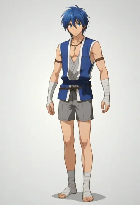 ((masterpiece)), ((best quality)), ((ultra-detailed)), ((absurdres)), score_9_up, score_8_up, score_7_up,
HD, top quality, best quality, amazing quality, High-quality illustrations, anime screencap, source_anime, best aesthetic, perfect proportions, perfect eyes, 1boy, 1male, solo boy, solo male, male focus, solo male focus, Anime, boy, male anime character, anime boy, handsome, attractive, cute, charming, sexy, hot, ((tall, tall height, tall body)), ((slim body, slim body), ((full body shot, head to feet shot)), Gear, blue hair, blue eyes, blue kimono, sleeveless outfit, low neckline, necklace, arm bandages, gray shorts, leg and foot bandages