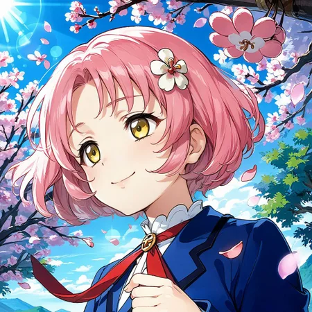 score_9, score_8_up,score_7_up,game cg,official art, uncensored, convenient censoring, covering privates,
rating_safe,rating_questionable,rating_explicit, sexually suggestive,
modeling, expressive hair, expressive clothes,
smile,closed mouth,
upper body,
, blue sky, cherry blossoms, falling petals,
looking up, from side, from below, looking away, lens flare, , spotlight, portrait,
<lora:kitaoji:0.8> kitaoji,hair ornament, pink hair,yellow eyes, hair flower, flower, short hair, starlight academy school uniform,,blue jacket,,blazer