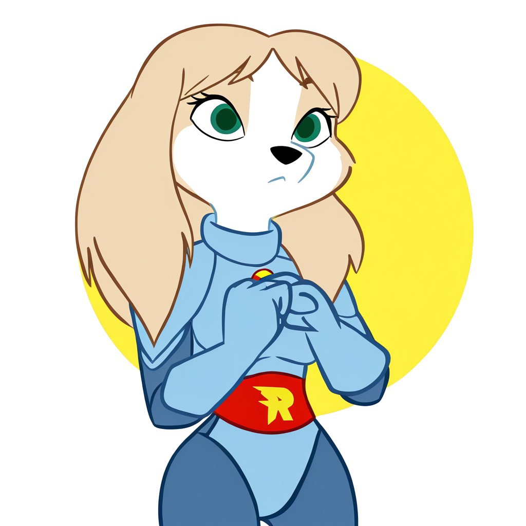 Ke1s3y,1girl,solo,furry,furry female,dog girl,long hair,blonde hair,dog ears,green eyes,snout,animal nose,body fur,two-tone fur,yellow fur,white fur,dog tail, RoadRovers Suit