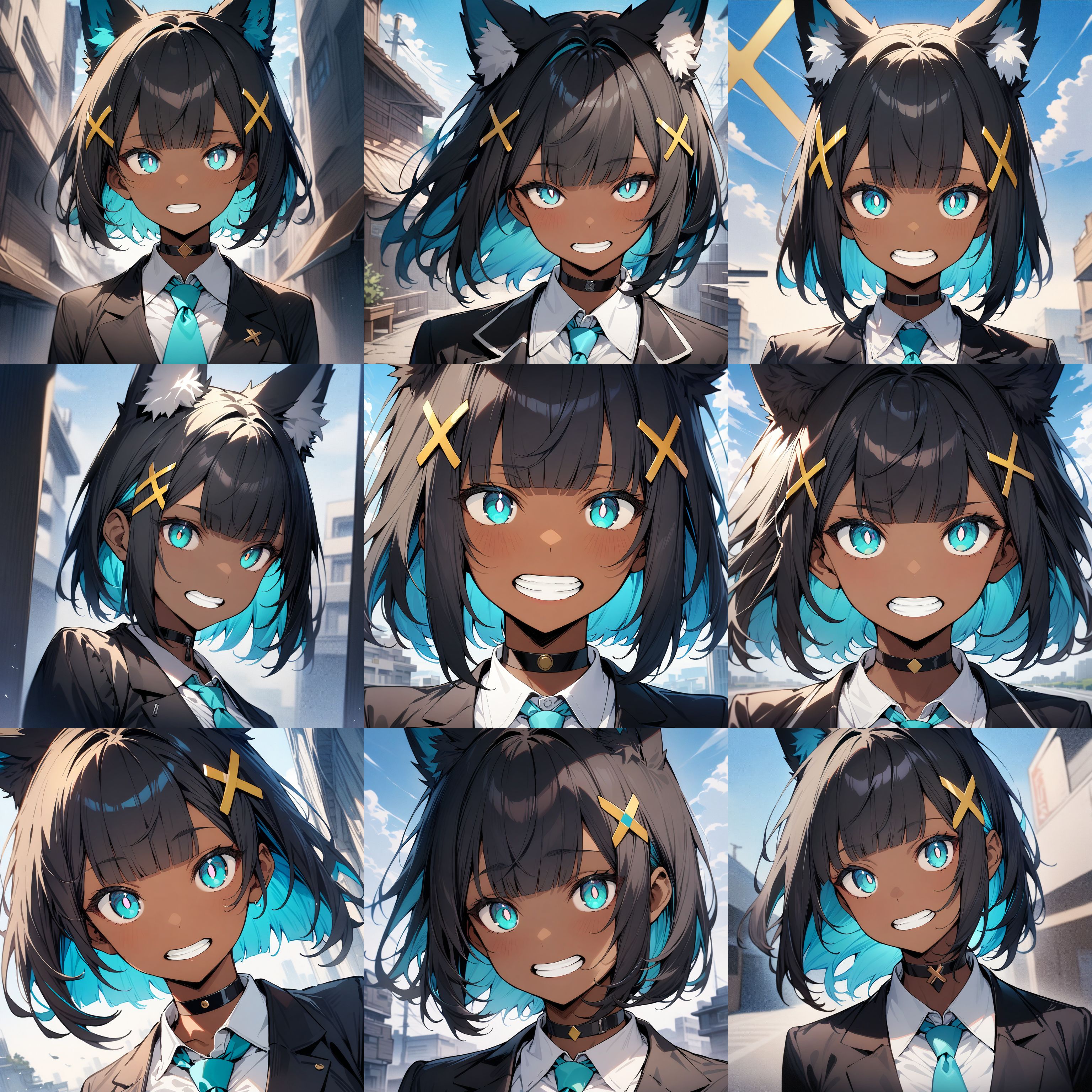masterpiece,best quality,1girl,dark skin,dark-skinned female,black hair,bangs,blunt bangs,blue inner hair,short hair,yellow x hair ornament,fox ears,white pompom in ears,aqua eyes,white pupils,bright pupils,black choker,(black blazer:1.1),white shirt,aqua tie,sky,detailed background,face focus,<lora:kb_sdxl_i_mouth_lora:2>,