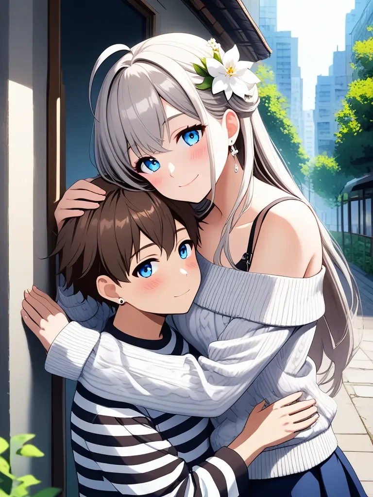 1girl, 1boy, blue eyes, smile, hair ornament, flower, hug, long hair, hair flower, blush, jewelry, earrings, looking at viewer, ahoge, closed mouth, off shoulder, long sleeves, bangs, striped, grey hair, bare shoulders, hand on another's head, shirt, striped shirt, hetero, brown hair, sweater, outdoors, age difference, stud earrings, upper body, skirt, white flower, bra strap,