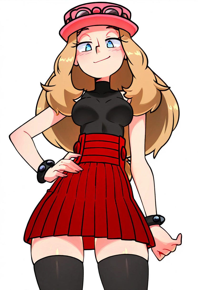 (masterpiece, best quality, good quality, very aesthetic, absurdres, newest:1.2),    1girl, solo, beautiful eyes, zzSerena, solo, long hair, blue eyes, eyewear on headwear, pink headwear, eyelashes, sleeveless shirt, black shirt, bracelet, high-waist skirt, red skirt, black thighhighs,  <lora:SerenaPokemon_NAI:1.0>,   <lora:TobiaswhellerNAI:1.0>, cowboy shot, hand on hip, smug, smile, looking at viewer, shiny skin,