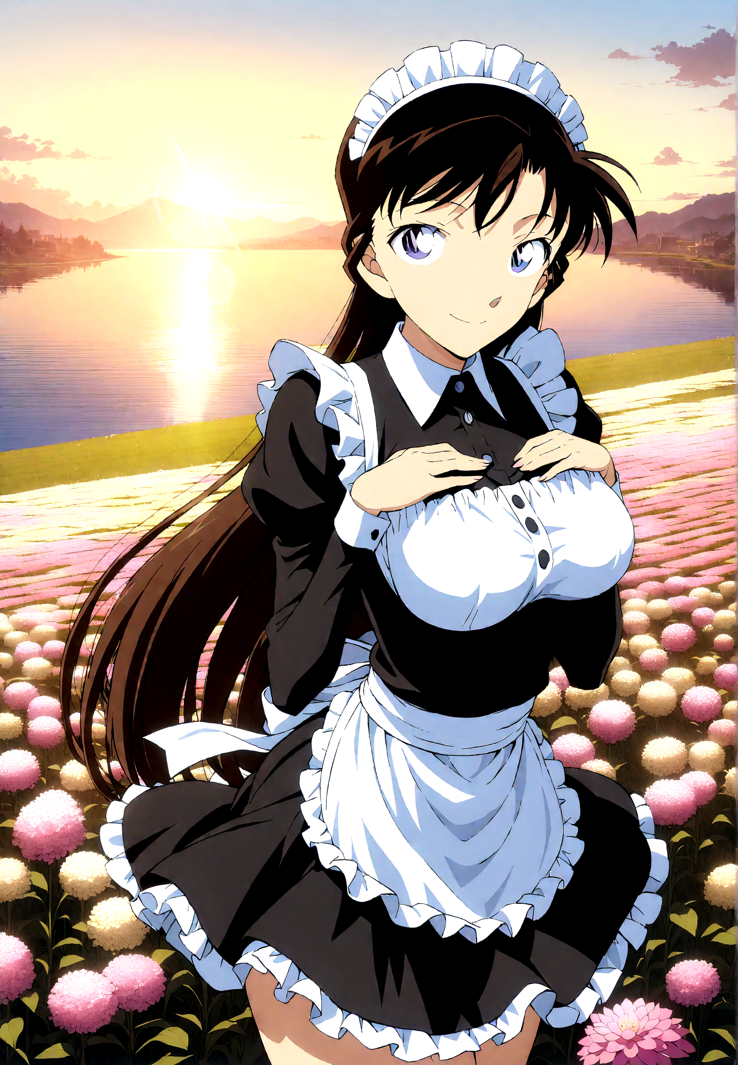 masterpiece, best quality, very aesthetic, ultra detailed, intricate details, 4k, anime style,
mouriranai, 1girl, solo, smile, brown hair, blue eyes, long hair, breasts, large breasts, lens flare, medium breasts,
maid, maid headdress, maid apron, apron, lace trim, lace, long sleeves, puffy sleeves, mouri ran,
cowboy shot, looking at viewer, hands on own chest, outdoors, sunlight, horizon, field, flower, flower field, <lora:Mouri_XL:1>