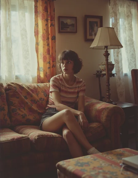 A woman with denim shorts and a striped shirt sitting on the couch in her living room. <lora:retrograde-80s:0.8> retr0grade80s