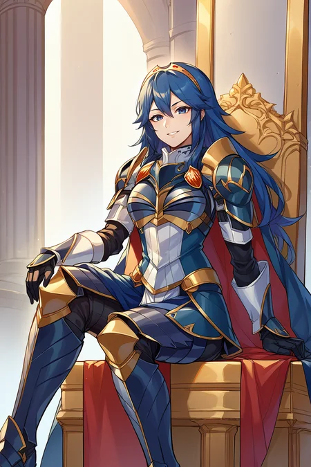 score_9, score_8_up, score_7_up, score_6_up, source_anime BREAK 1girl, <lora:lucina-pdxl-nvwls-v1-000005:1> brvLuci, long hair, tiara, cape, breastplate, full armor, gauntlets, armored legwear, sitting, throne, looking at you, smile