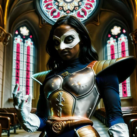realism, 
framing device, rule of third, negative space, detailed. 
dynamic pose, foreshortening, extreme perspective 
cinematic concept art of 
1 adult fair-skinned man, 
upper body focus, upper body zoom, 
(The Phantom of the Opera style,), intricate white plain half-mask , black hair,
(dramatic lighting and shadows:0.6)
(wears blacktop hat:0.7), 
wearing 
(white saiyan armor, shoulder pads, blue leotard,, white gloves,, white boots,, hip armor,, tailbelt,:0.9)
 facing the viewer, 
backdrop is stained glass, church, arch,
