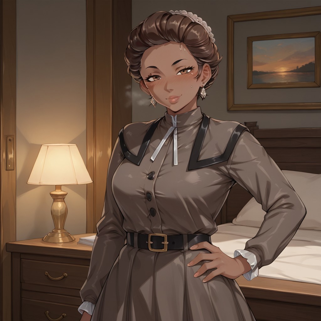 Score_9, Score_8_up, Score_7_up, Lily, dark skinned female, earrings, brown hair, brown eyes, clothed, one hand on hip, one hand above head, blushing, in heat, horny, solo, bedroom,