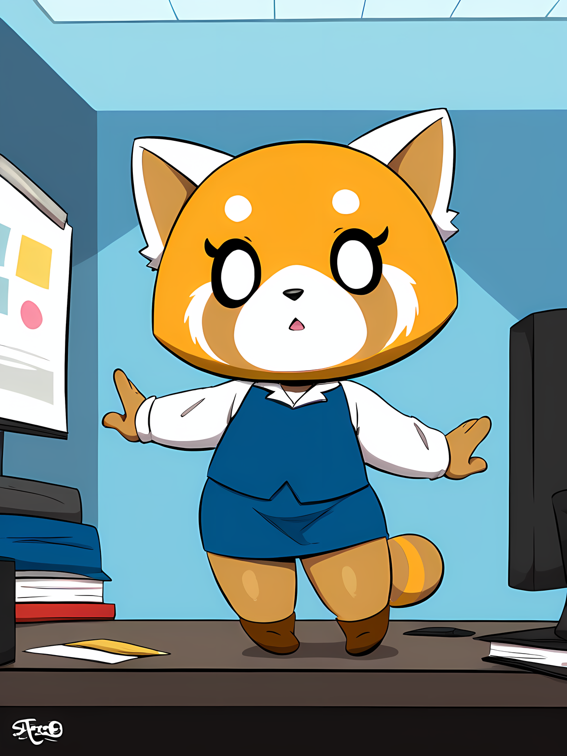 masterpiece, score_9, score_8_up, score_7_up, score_6_up, shiny skin, joao, joaoppereiraus, office, source_furry, source_anime,  2023, detailed face,  (absurd res:1.1), hi res, <lora:Joaoppereiraus_Style_Pony_XL:1>, retsuko, dress shirt, black eyes,  <lora:retusko:.75>, photo of retusko, huge eyes