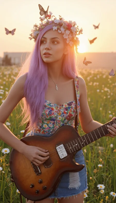 Generate a photorealistic image of a 1960s hippie girl taken with a camera made in that era.
She has long, flowing violet hair with a flower crown.
She wears a denim mini skirt with colorful colors and flamboyant patterns. She is wearing a peace sign necklace.
She is playing an acoustic guitar, surrounded by daisies and butterflies. The sun is setting behind her, casting a warm glow on the scene.
She has realistic skin that is not flawless. She has Misty green eyes. She has a curved nose. She has a double chin. She has a plump Relaxed breasts. She has natural unshaven body hair. She has not recently showered, her skin may be a little bit dirty. She wears little make-up except for her lip gloss. She has painted fingernails